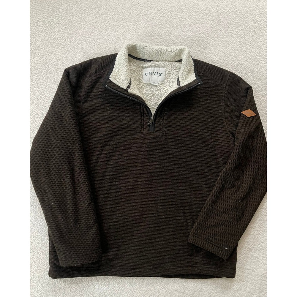 Orvis Mens Large Quarter Zip Pullover Brown Sherpa Lined Waffle Knit Sweater